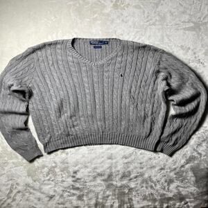 VTG Ralph Lauren Polo Cable Knit Sweater Men's 2XL XXL 90s Gray Cotton Fisherman